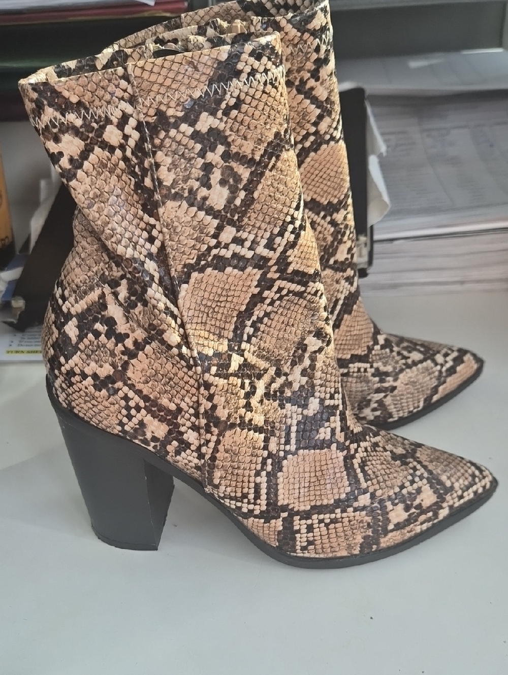 Snake-Print Pointed Toe Ankle Boots in Beige